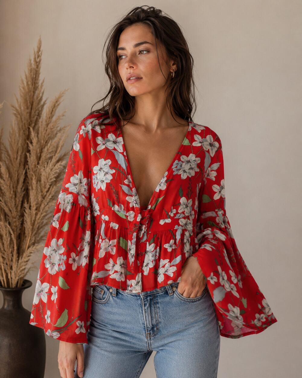 Jack BB Dakota Boho Floral Blouse Women Medium Red Plunge V Neck Flare Sleeve